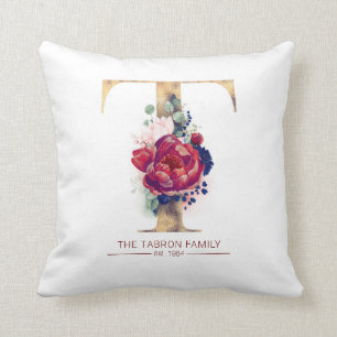 Coussin Gold T Monogramme Floral Bourgogne Rouge et Navy B