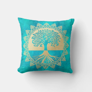 Coussin Gold Tree of Life sur Turquoise