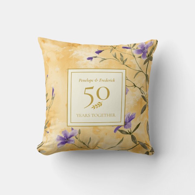 Coussin Gold Violets Floral 50th Wedding Anniversary (Recto)