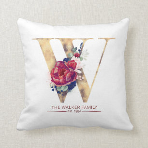 Coussin Gold W Monogramme Floral Bourgogne Rouge et Navy B
