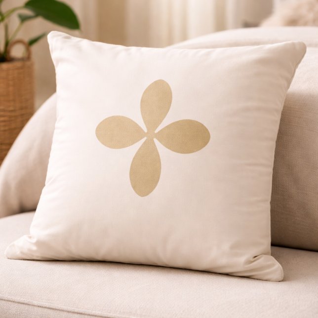 Coussin Golden Folk Bloom Throw Pillow (Muted gold floral icon centered on off-white for calm, nature inspired home layering.)