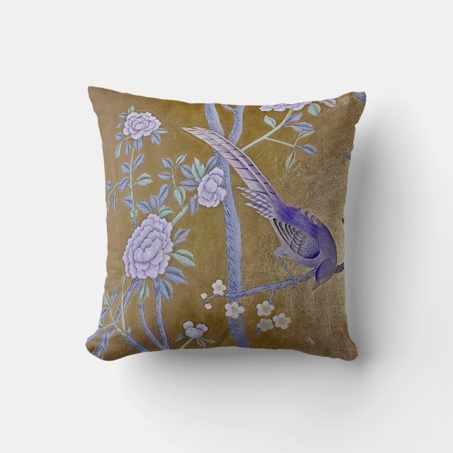 Coussin Golden Garden Chinoiserie Purple Bird & Peony (Recto)