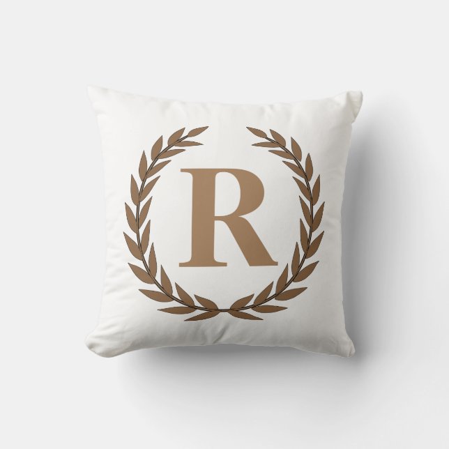 Coussin Golden Laurel Wreath Personnalisé Initial White (Recto)