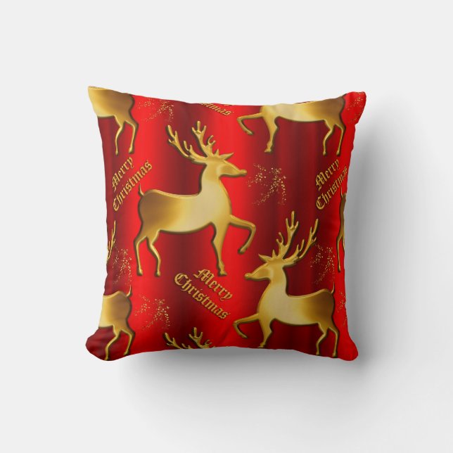 Coussin Golden Reindeer Joyeux Noël Rouge (Recto)