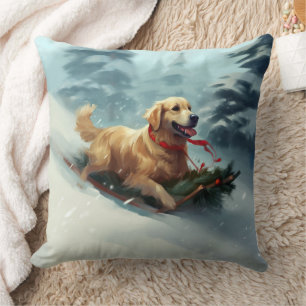 Coussin Golden Retriers Noël neige hiver