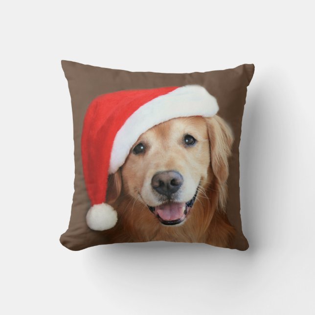 Coussin Golden retriever avec le casquette de Père Noël (Recto)
