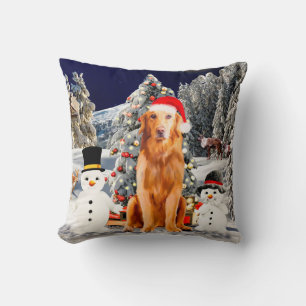 Coussin Golden Retriever Chien avec Casquette de Noël