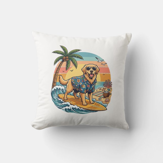 Coussin Golden Retriever Chien Surfant Planche de Surf Cou (Recto)