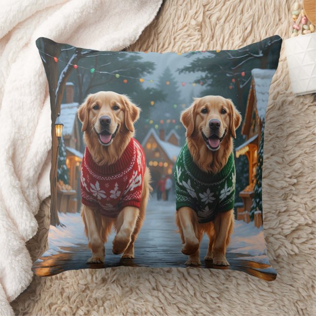 Coussin Golden Retriever Dogs Christmas Snow Holiday (Couverture)