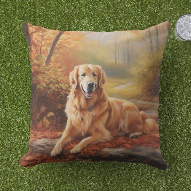 Coussin Golden Retriever en automne Leaves automne Inspire (Herbe)