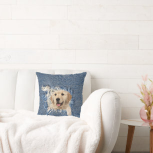 Coussin Golden Retriever en Blue Jean Hole