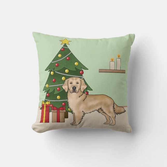 Coussin Golden Retriever Jaune avec Sapin de Noël (Recto)