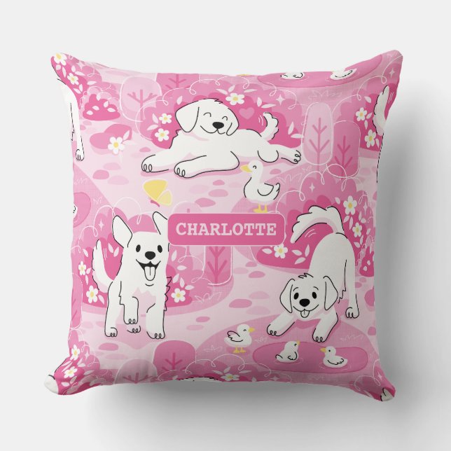 Coussin Golden Retriever Puppy in Pink Garden (Recto)