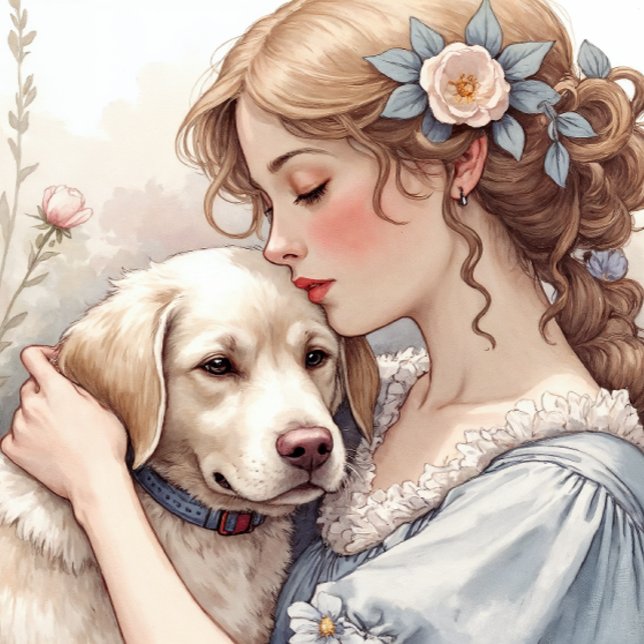 Coussin Golden Retriever Throw Pillow (A gentle close-up of a young woman embracing a golden retriever.)