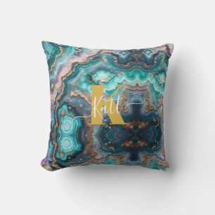 Coussin Golden Turquoise Aqua Agate Personnalisé Monogramm