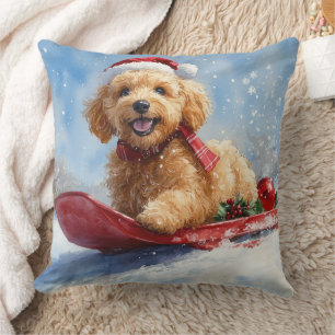 Coussin Goldendoodle Chien en Luge Laissez Tomber la Neige