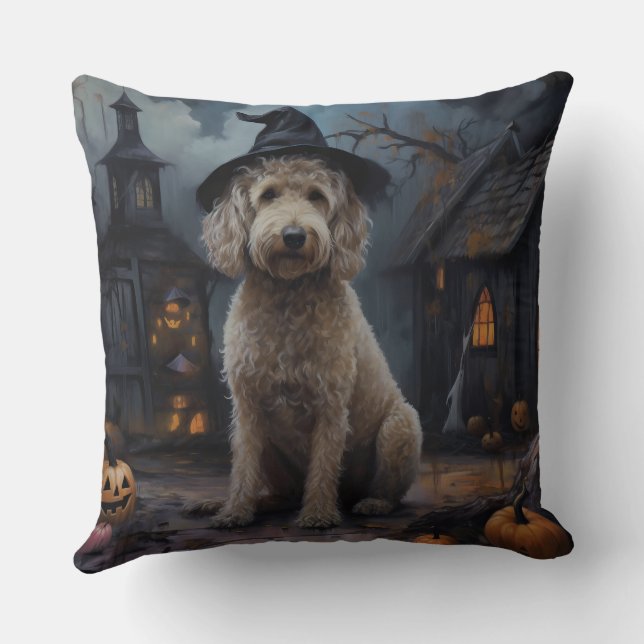 Coussin Goldendoodle Citrouilles Halloween Épouvantable (Verso)