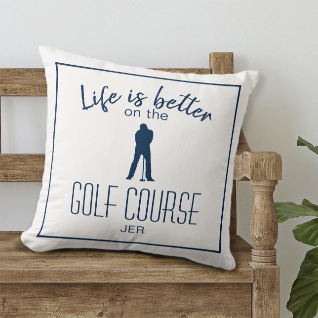 Coussin Golfeur Terrain de Golf Citation Monogramme Blanc  (Golfer Golf Course Quote Monogrammed White Blue Throw Pillow)