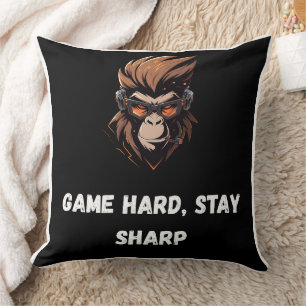 Coussin Gorille Cyber Joueur Art Noir Orange