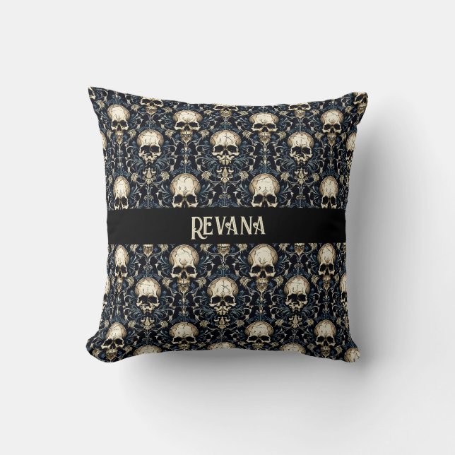 Coussin Goth Skuls avec Floral Bleu (Recto)