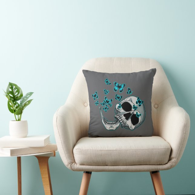 Coussin Gothic Skull and Blue Butterflies Throw Pillow (Chaise)