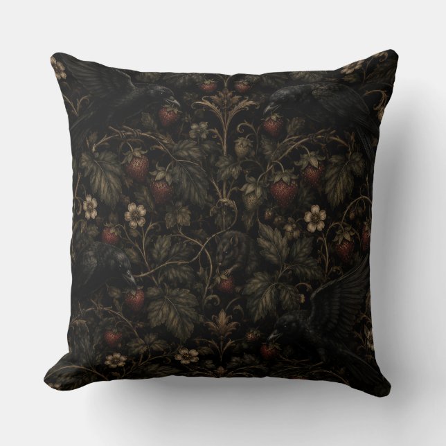Coussin Gothic Strawberry Thieves – Dark Botanical Raven P (Recto)