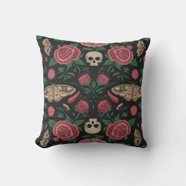 Coussin Gothique Floral et Motif de papillon avec crânes (Recto)