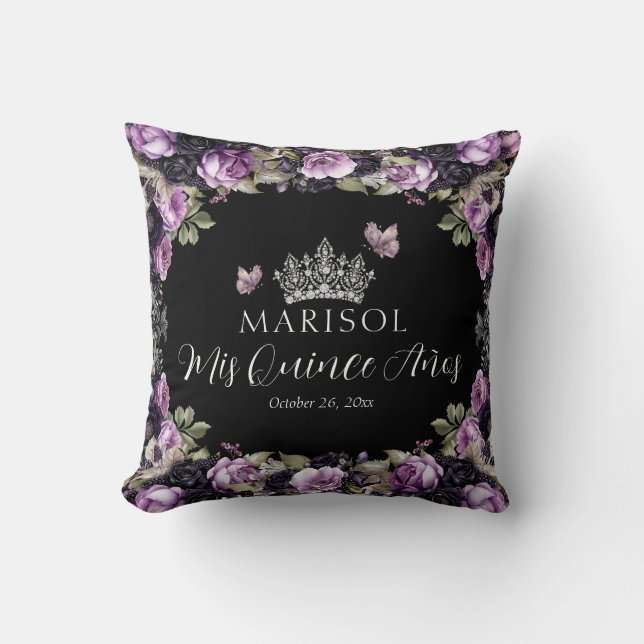 Coussin Gothique violet et noir Moody Florals Quinceañera (Recto)