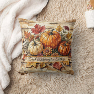 Coussin Gouache Citrouille d'Automne Rustique & Feuilles d