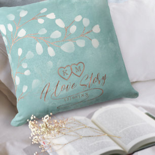 Coussin Gouache de mariage perce-neige sarcelle/cuivre ID7