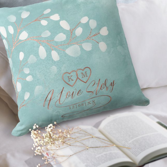 Coussin Gouache de mariage perce-neige sarcelle/cuivre ID7 (Créateur téléchargé)