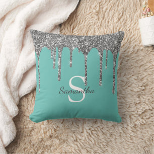 Coussin Gouttes de paillettes d'argent Monogramme de nom s