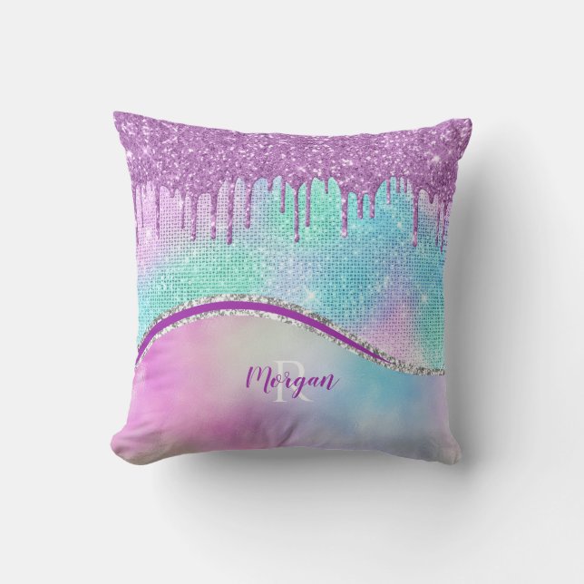 Coussin Gouttes de paillettes violettes et scintillement,  (Recto)