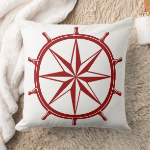 Coussin Gouvernail de bateau rouge marine sur fond blanc