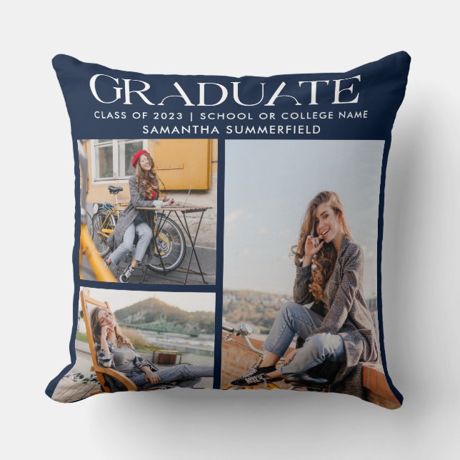 Coussin Graduation 2024 Photo Collage Marine Blue Keepsaké (Recto)