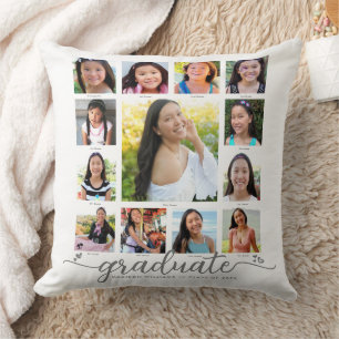 Coussin Graduation blanche K-12 Modern Script Photo Collag