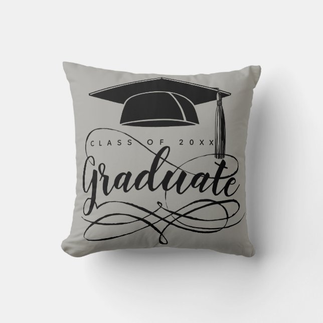 Coussin Graduation Gris Noir Script Typographie Casquette  (Recto)