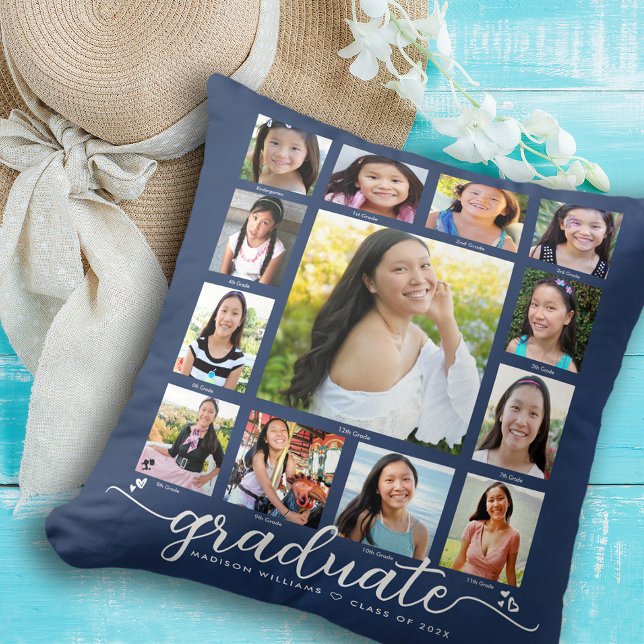 Coussin Graduation Marine K-12 Modern Script Photo Collage (Créateur téléchargé)