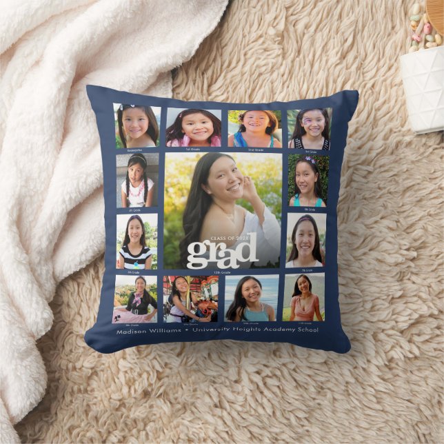 Coussin Graduation Navy K-12 Bold Modern Photo Collage (Couverture)