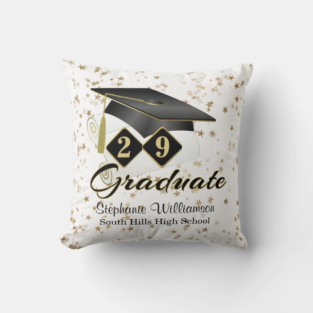 Coussin Graduation personnalisée Étoiles Noir & Or (Recto)