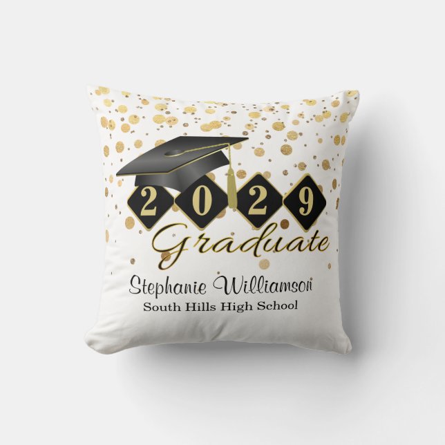 Coussin Graduation personnalisée Noir & Or Confetti (Recto)
