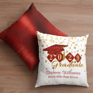 Coussin Graduation personnalisée Red & Gold Confetti