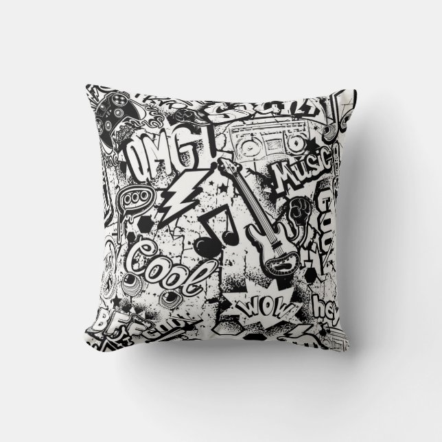 Coussin Graffiti Abstrait en noir et blanc  (Recto)