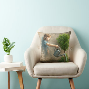 Coussin Graffiti fille arroser un arbre urbain