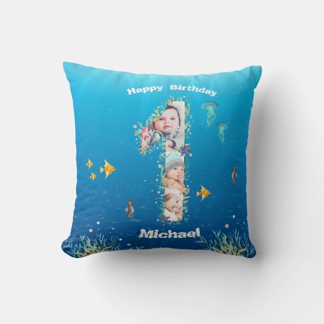 Coussin Grand 1er anniversaire sous la mer Photo Collage (Recto)