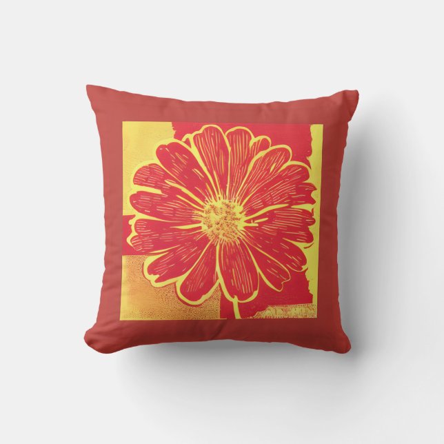 Coussin Grand Aster marguerrier en rouge, jaune et safran (Recto)