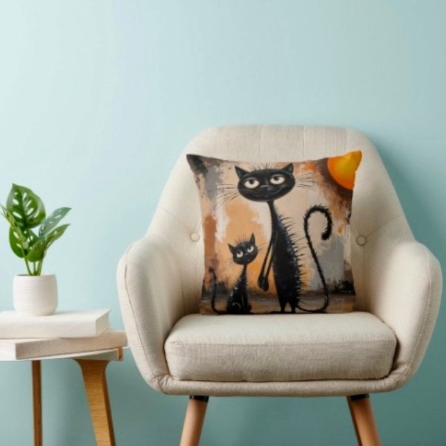 Coussin Grand Chat Petit Chat Halloween  (Throw Pillow 100% polyester heavyweight stretch material. Hidden zipper Made in the USA.
)