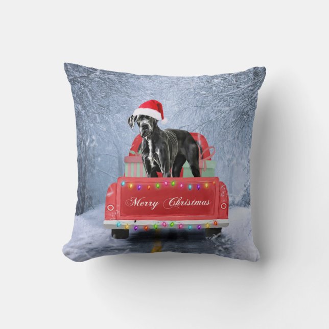 Coussin Grand chien en neige assis sur le camion de Noël (Recto)