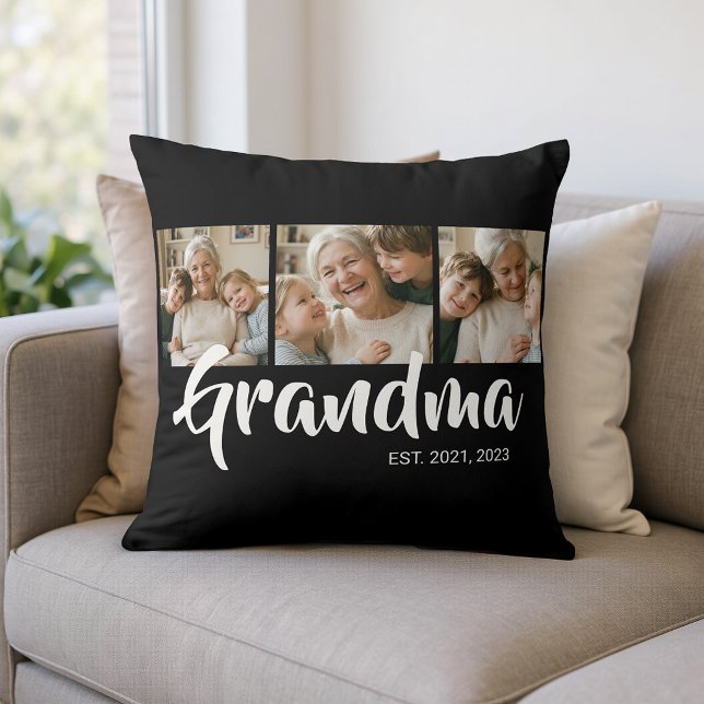 Coussin Grand-mère a établi un script moderne noir 3 Photo (Grandma Established Modern Script Black 3 Photo Throw Pillow)