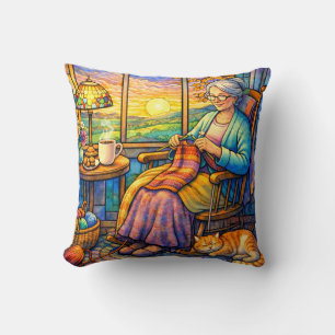 Coussin Grand-mère au vitrail en train de tricoter, chat e